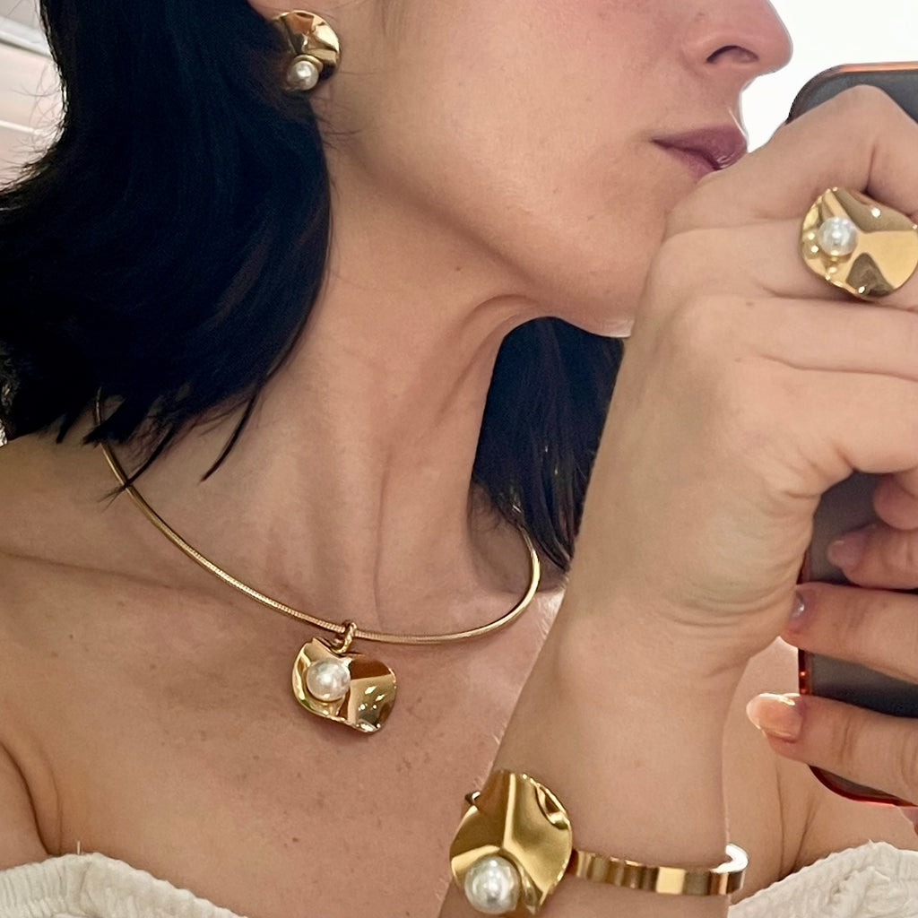 Collar 5 piezas perla oro