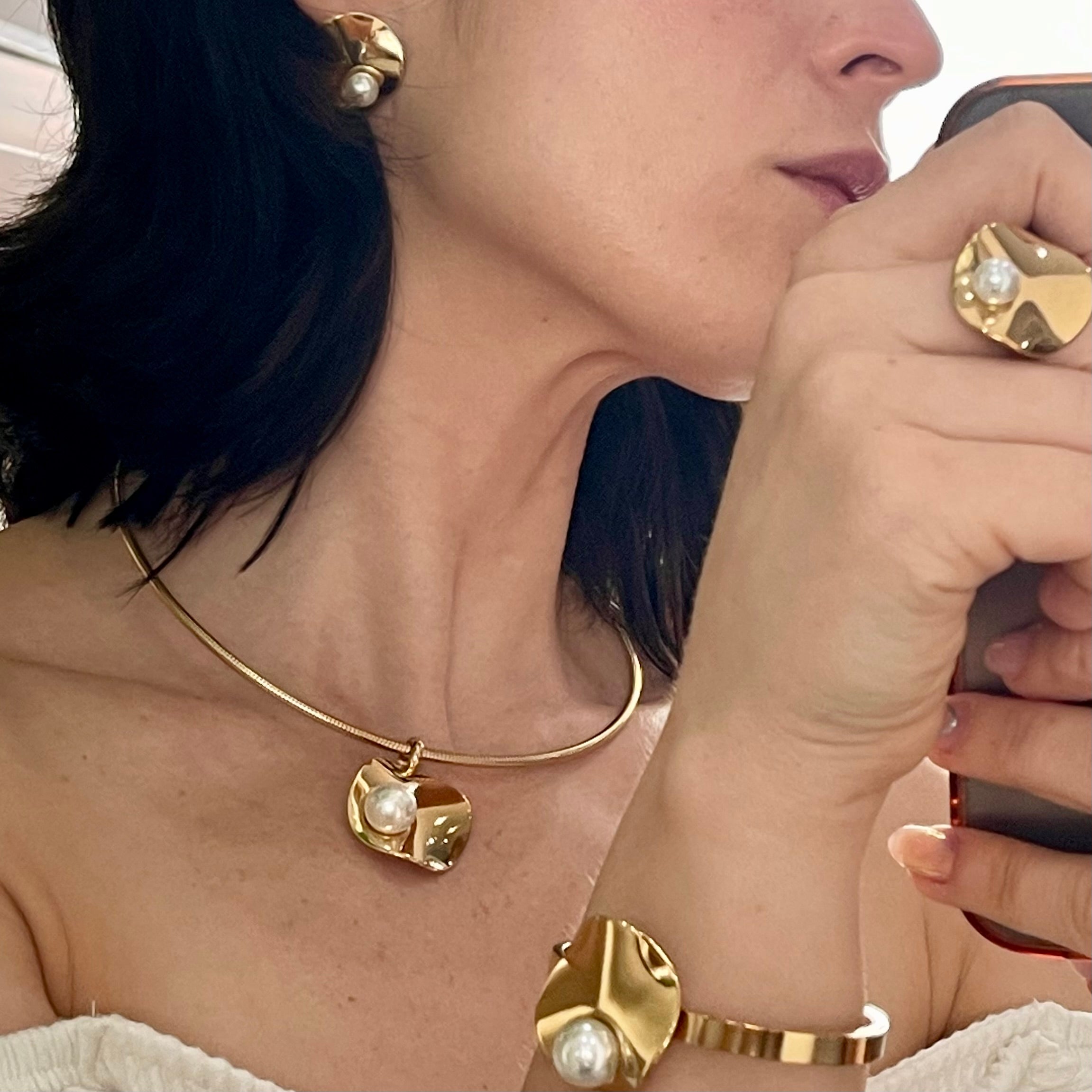 Collar 5 piezas perla oro